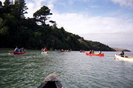 Middle schoolers from Living Wisdom School in Palo Alto, California enjoy a canoe outing on Tomales Bay.